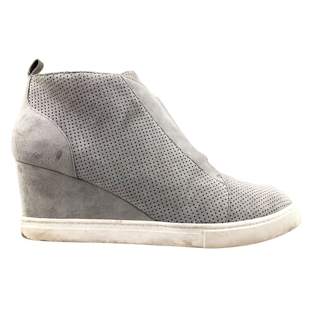 Linea Paolo Women's Size 8M Felicia Grey Suede Zip High Heel Wedge Ankle Boots